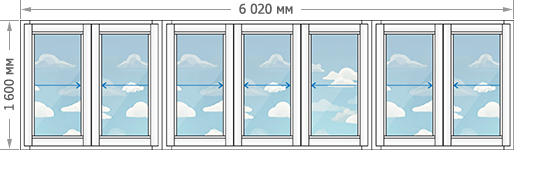 Цены на алюминиевое остекление балконов и лоджий в домах серии 1605/9 размером 6020x1600