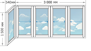 Алюминиевое остекление балконов в домах серии II-49 размером 3540x1500