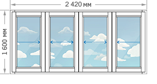 Алюминиевое остекление балконов в домах серии 1605-АМ/12 размером 2420x1600