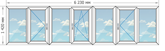Теплое остекление балконов в домах серии И-209А размером 6230x1420