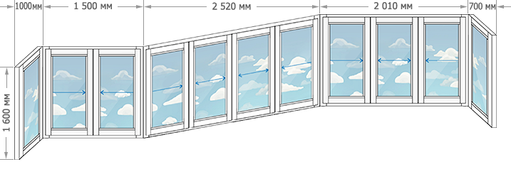 Алюминиевое остекление балконов в домах серии ПД-4 размером 7730x1600