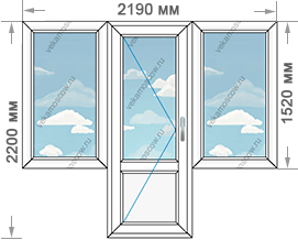 Балконная дверь с двумя одностворчатыми окнами размером 2190x2200