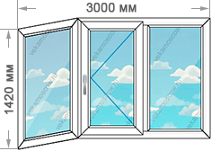 Двустворчатое окно с одним эркером и одной створкой размером 3000x1420