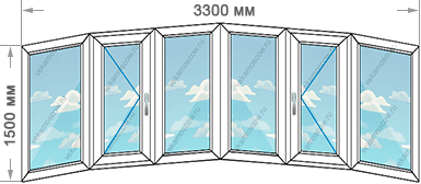 Шесть одностворчатых окон с пятью эркерами размером 3300x1500