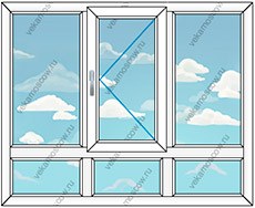 Пластиковое окно с тремя створками и фрамугой снизу размером 2100x1520