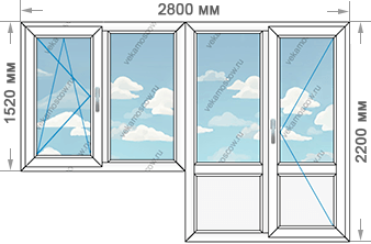 Две балконные двери с двухстворчатым окном размером 2800x2200