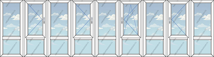 Панорамное остекление лоджий на девять створок (Тип 7) размером 8100x1450