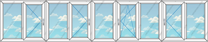 Остекление балконов и лоджий на девять створок (Тип 7) размером 8100x1450
