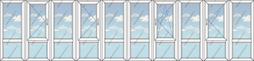 Панорамное остекление балконов и лоджий на десять створок (Тип 8) размером 9000x1450