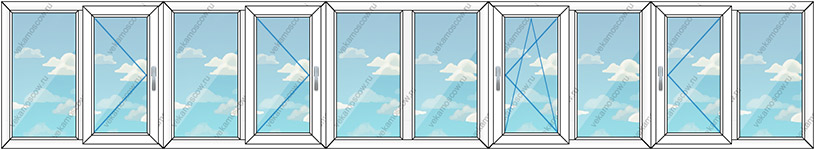 Остекление балконов и лоджий на десять створок (Тип 8) размером 9000x1450
