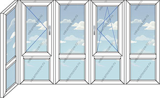 Панорамное остекление балкона пять створок (Тип 10) размером 3400x1450