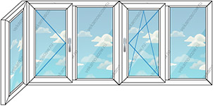 Теплое остекление балкона пять створок (Тип 10) размером 3400x1450