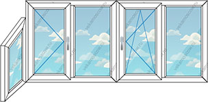 Остекление балкона ПВХ на пять створок (Тип 11) размером 3800x1450