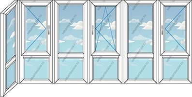 Панорамное остекление балкона ПВХ на шесть створок (Тип 13) размером 4100x1450
