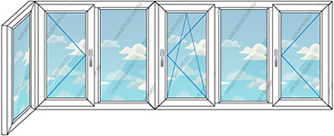 Теплое остекление балкона ПВХ на шесть створок (Тип 13) размером 4100x1450