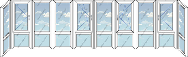 Панорамное остекление балкона ПВХ на десять створок (Тип 17) размером 7900x1450