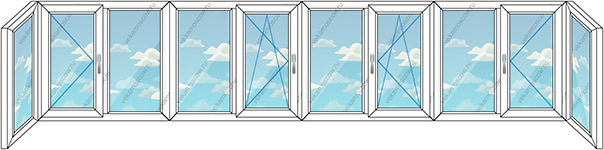 Теплое остекление балкона ПВХ на десять створок (Тип 17) размером 7900x1450