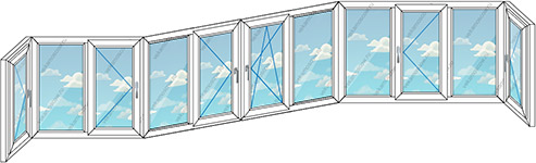 Теплое остекление балкона ПВХ на одиннадцать створок (Тип 20) размером 7680x1450