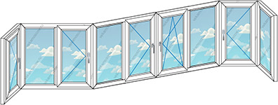 Теплое остекление балкона ПВХ на девять створок (Тип 21) размером 6100x1450