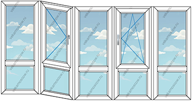 Панорамное остекление балкона тремя пластиковыми окнами (Тип 23) размером 3700x1450