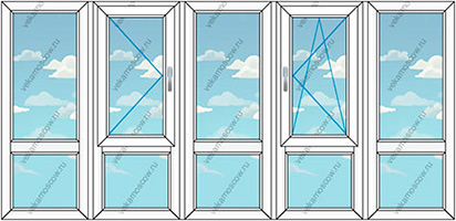 Панорамное остекление балкона или лоджии на пять створок (Тип 3) размером 4000x1450
