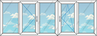 Остекление балкона или лоджии на пять створок (Тип 3) размером 4000x1450