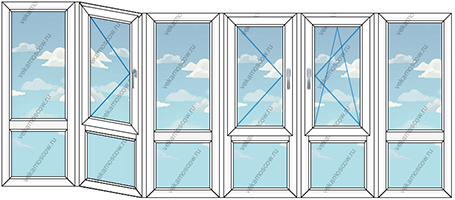 Панорамное остекление тремя окнами с шестью створками (Тип 24) размером 3698x1450