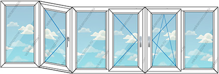 Остекление тремя пластиковыми окнами с шестью створками (Тип 24) размером 3698x1450