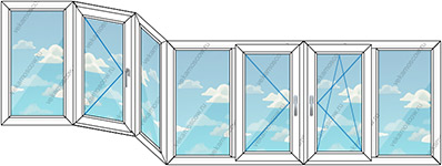 Эркерное остекление пластиковыми окнами с семью створками (Тип 26) размером 3718x1450