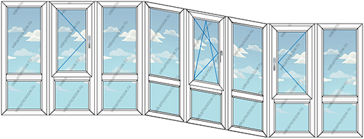 Панорамное остекление тремя окнами с восемью створками (Тип 44) размером 4900x1450