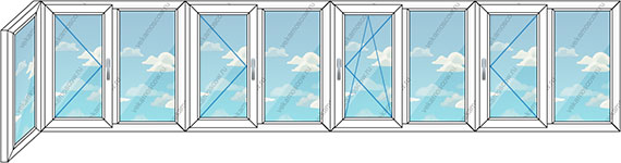 Теплое остекление балкона ПВХ на девять створок (Тип 45) размером 7090x1570