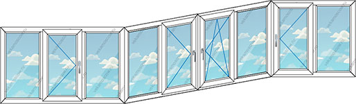 Теплое остекление тремя окнами с девятью створками (Тип 48) размером 4550x1450