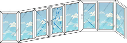 Теплое остекление балкона ПВХ на девять створок (Тип 72)