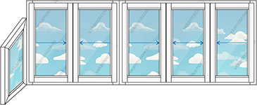 Г-образное раздвижное остекление на шесть створок с короткой (Тип 81) размером 3475x1450