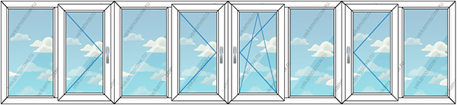 Остекление балконов и лоджий на восемь створок (Тип 6) размером 6240x1450